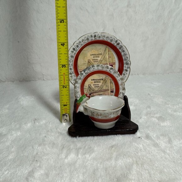 Vintage Souvenir Tea Set W/ Stand Ambassador Bridge Windsor Canada Cup & Saucer - Picture 6 of 6